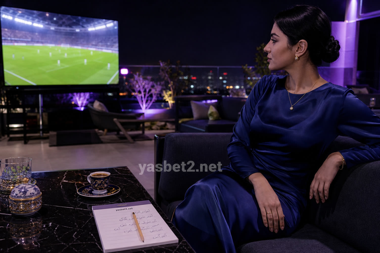 تراس لوکس شب با پخش فوتبال روی تلویزیون و دفترچه یادداشت ضریب